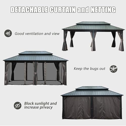 10 x 10 ft Hardtop Gazebo with Netting and Curtains, Galvanized Steel Roof for Patio K80436