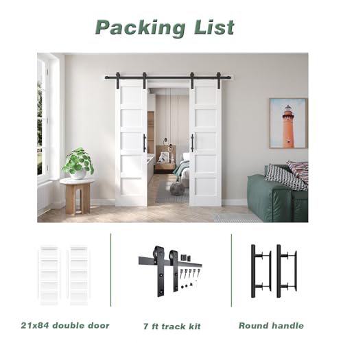 Double 21x84in White Barn Door with 7FT Sliding Hardware Kit, MDF, PVC Surface, DIY Assembly R60322