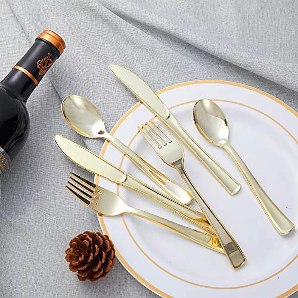 Gold Plastic Cutlery Set Disposable Flatware for Party S519750