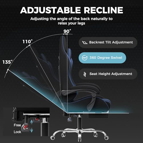 Gaming Chair with Footrest and Lumbar Support, Height Adjustable, Blue Y9034