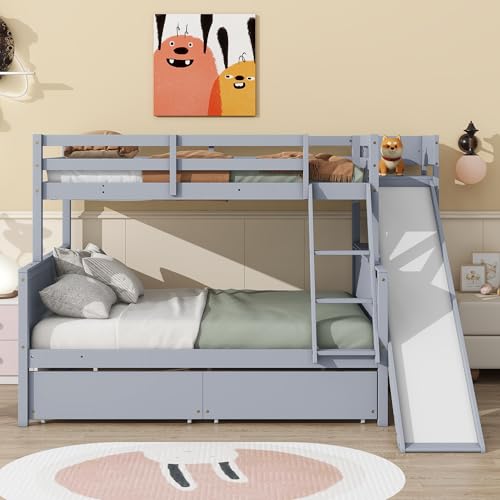 Twin Over Full Size Wooden Bunk Bed with Slide and Storage Stairs N394