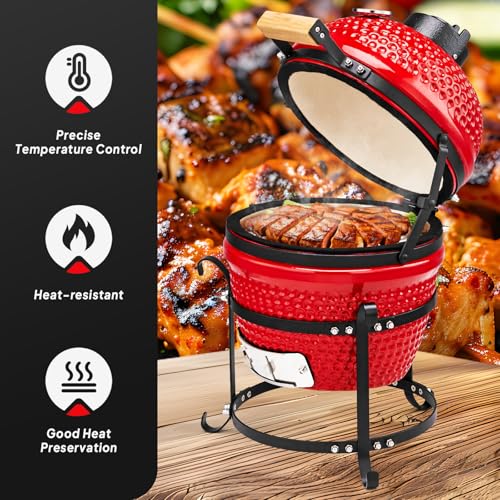 Red Spherical Ceramic Charcoal Grill with Inner Liner, Portable BBQ Smoker K936958
