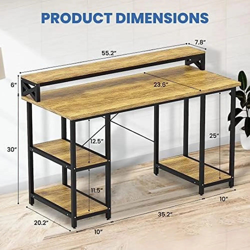 Industrial Computer Desk with Monitor Shelf, 55 Inch, Walnut and Black O381