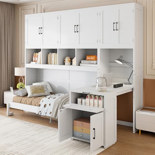 Twin Murphy Bed with Closet, Drawers & Desk, White Q211