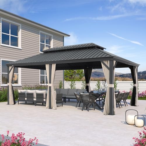 10' x 14' Permanent Hardtop Gazebo with Galvanized Steel Double Roof, Curtains and Netting Included M871