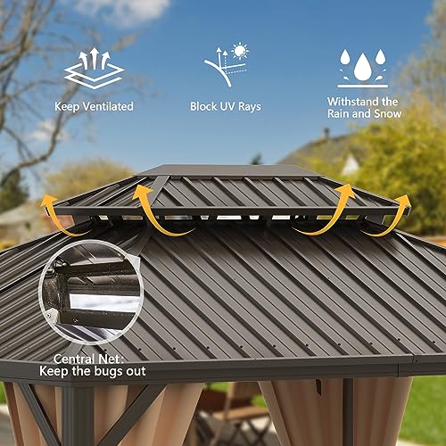 10 x 10 ft Hardtop Gazebo with Netting and Curtains, Galvanized Steel Roof for Patio K80436