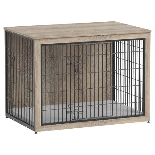 Dog Crate Furniture with Cushion, Heavy-Duty Metal Mesh, Wooden End Table with Double Doors, Indoor Kennel for Small Breed, Grey M3321