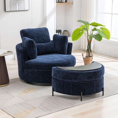 Oversized Swivel Barrel Chair with Ottoman, Chenille, Beige M813