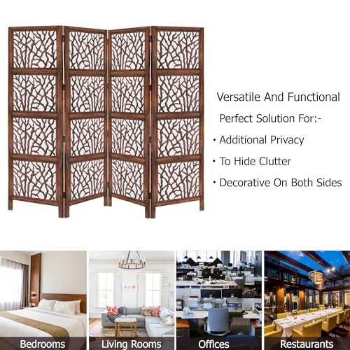 4 Panel Folding Wood Room Divider, Antique Brown, 72 x 80 P209