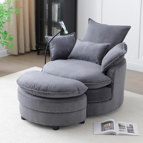 Swivel Barrel Accent Sofa Chair with Phone Holder & Storage Ottoman, 360 Degree Corduroy, Beige A36232