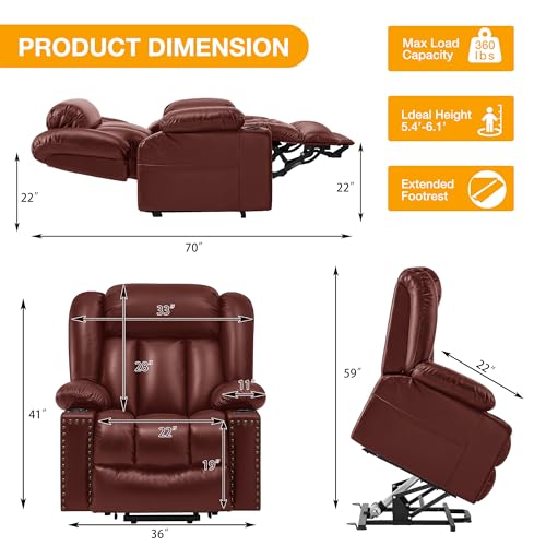 Large Power Lift Recliner Chair for Elderly with Heat and Massage, USB Port, Dark Brown O650