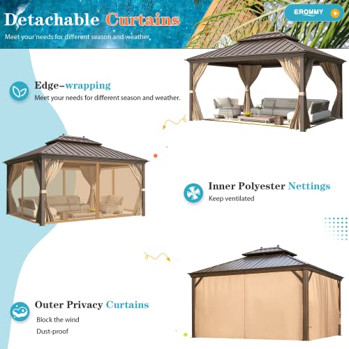 12x20 ft Hardtop Gazebo Double Roof Galvanized Steel Canopy Outdoor Aluminum Frame with Netting and Curtains X191579