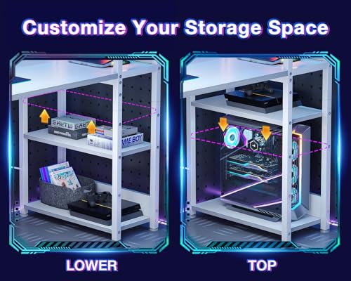 Reversible Gaming Desk with USB Charging Port and LED Lights, 40 Inch Computer Desk with Storage Shelves M571
