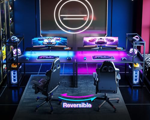 Reversible Gaming Desk with USB Charging Port and LED Lights, 40 Inch Computer Desk with Storage Shelves M571