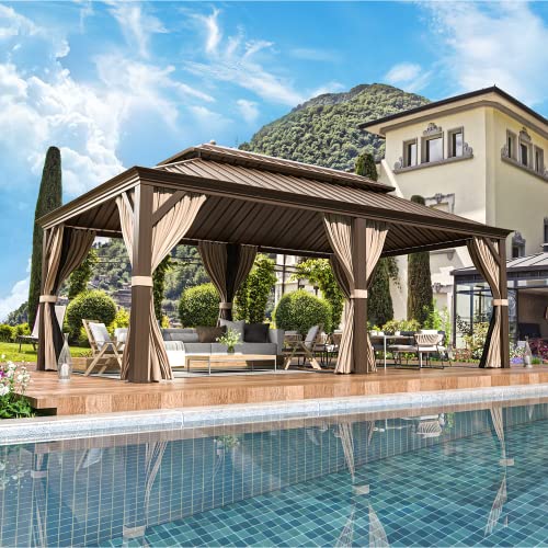 12x20 ft Hardtop Gazebo Double Roof Galvanized Steel Canopy Outdoor Aluminum Frame with Netting and Curtains X191579