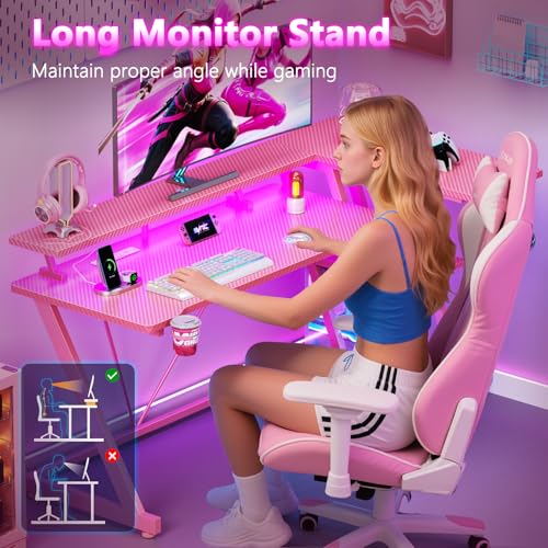 L Shaped Gaming Desk with Power Outlet and LED Lights Y52619