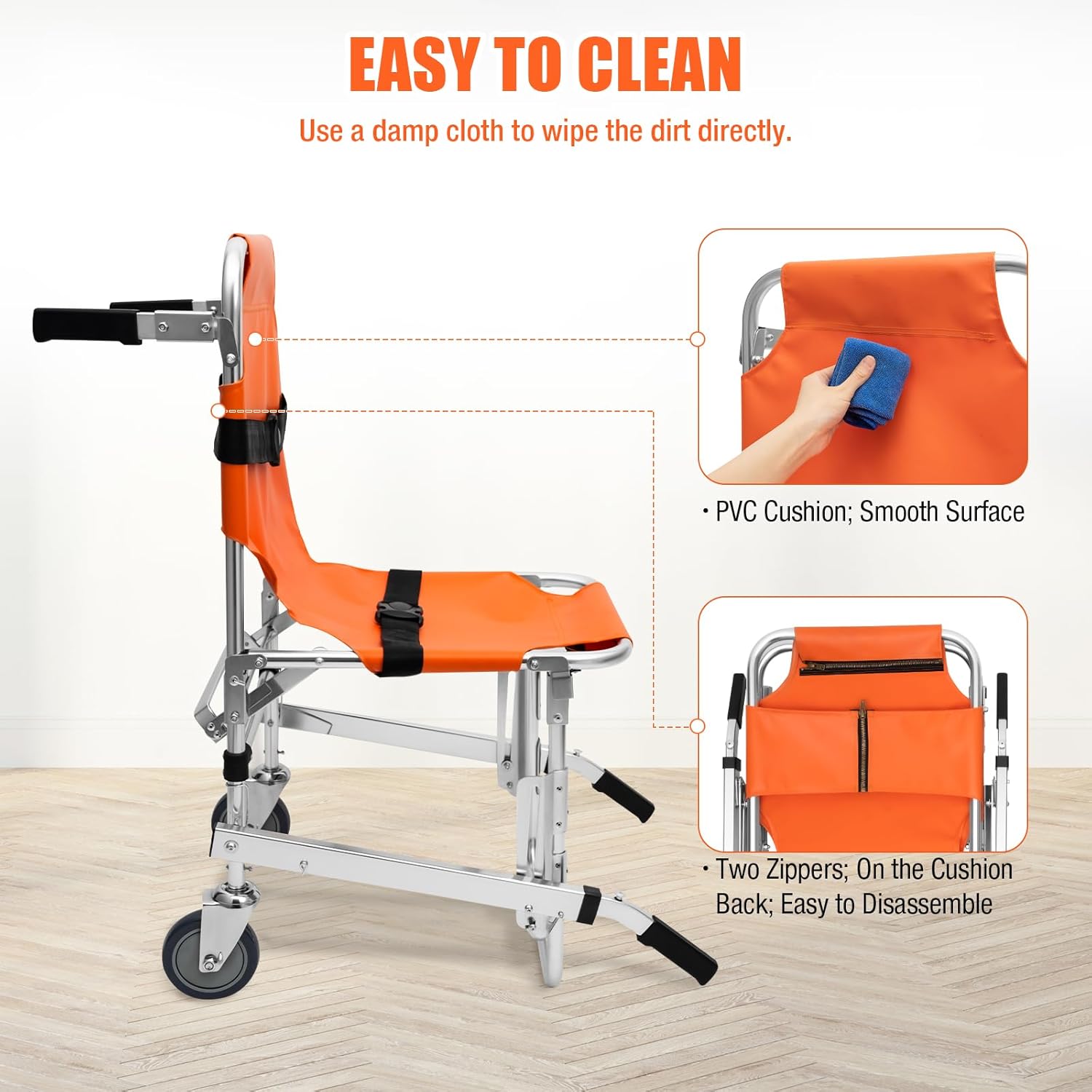 Stair Chair 2-Wheel Orange Foldable Transport Wheelchair for Hospitals M6639