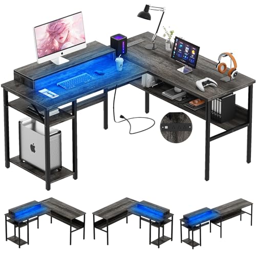 Reversible L Shaped Desk with Power Outlets and LED Light, Corner Computer Desk with Monitor Stand and Storage Shelves, Black A318171