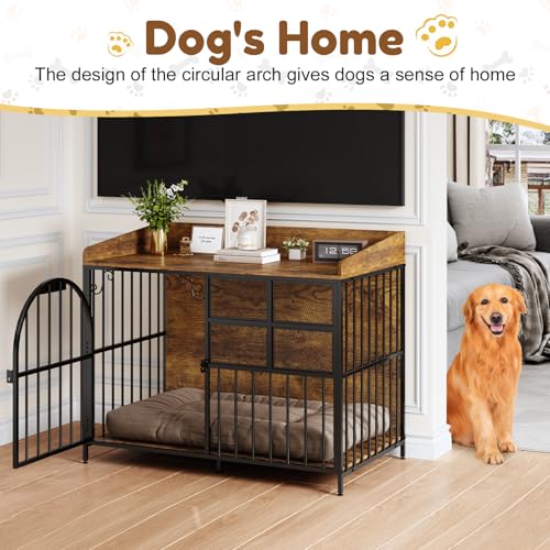 Large Dog Crate Furniture with Chew-Resistant Finish, Indoor Wooden Kennel with Storage N430
