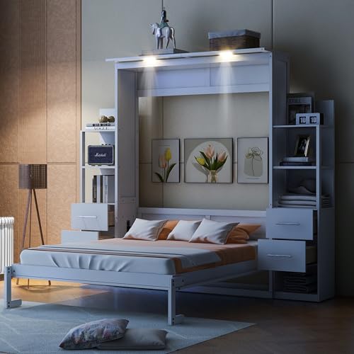 Queen Size Murphy Bed with Cabinet and LED Lights M1232
