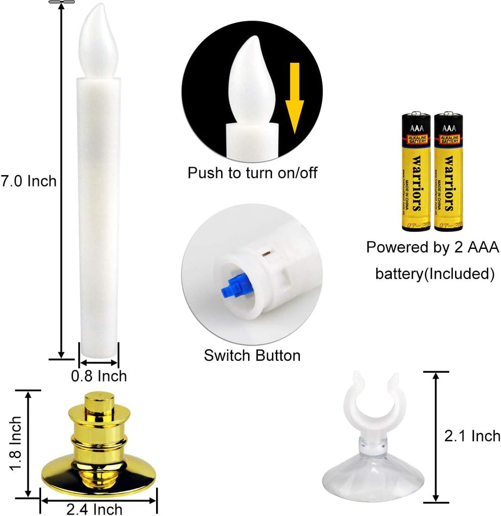 6 Pack Christmas Window Candles with Timer, LED Flameless Taper Lights, Gold Holders & Suction Cups M452