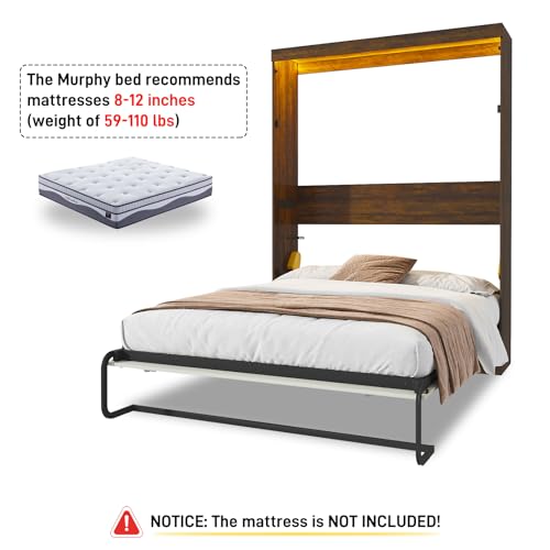 Queen Size Murphy Bed with LED Lights, Foldable Wall Bed Frame with Storage W669