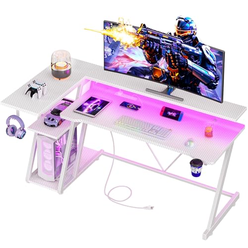 L Shaped Gaming Desk with Power Outlet and LED Lights Y52619