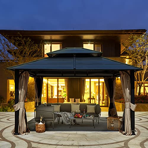 12x20 ft Hardtop Gazebo Double Roof Galvanized Steel Canopy Outdoor Aluminum Frame with Netting and Curtains X191579