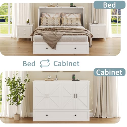 Murphy Bed with Storage & Charging Station, Foldable Panel, Distressed White C449393