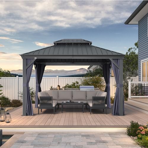 10' x 14' Permanent Hardtop Gazebo with Galvanized Steel Double Roof, Curtains and Netting Included M871