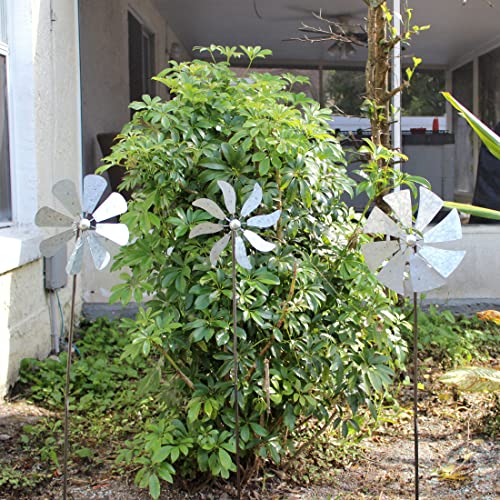 Set of 3 Galvanized Grey Windmill Wind Spinner Garden Stakes, 41 Inches High R6069