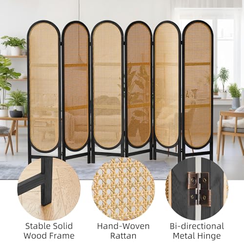 Foldable Wooden Room Divider, Hand-Woven Rattan Privacy Screen Q240970