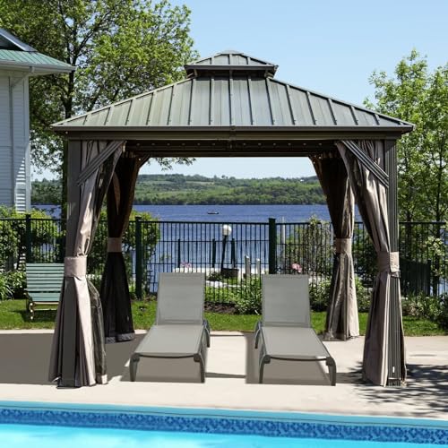 10 x 10 ft Hardtop Gazebo with Netting and Curtains, Galvanized Steel Roof for Patio K80436