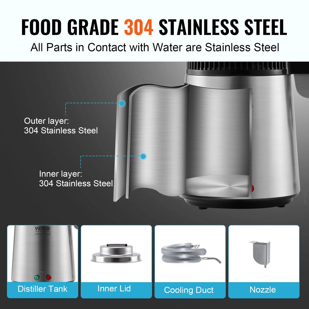 4L Water Distiller Purifier Machine Countertop Stainless Steel Interior 750W J8084