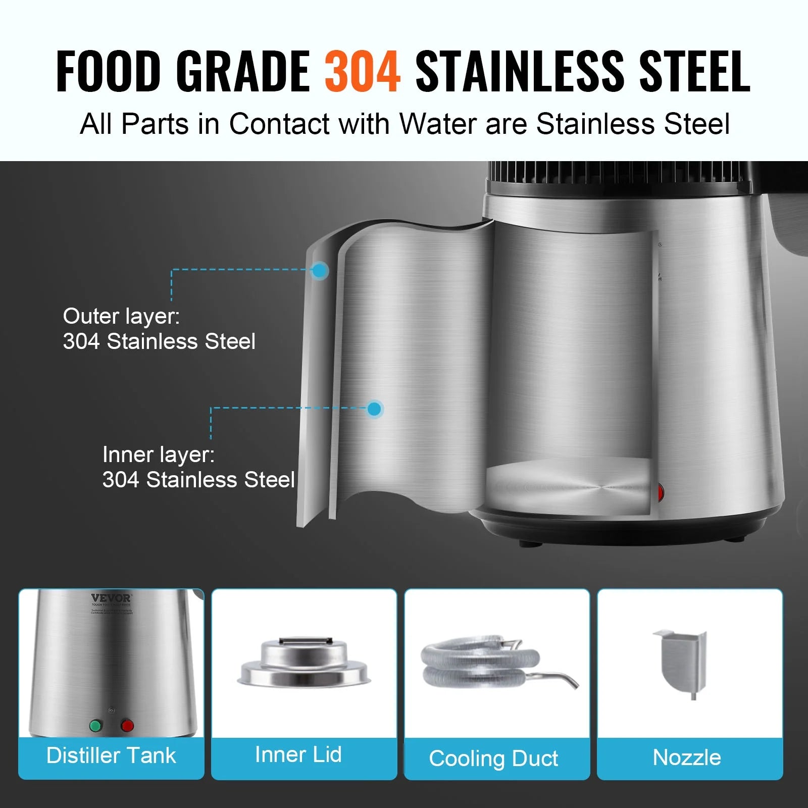 4L Water Distiller Purifier Machine Countertop Stainless Steel Interior 750W J8084