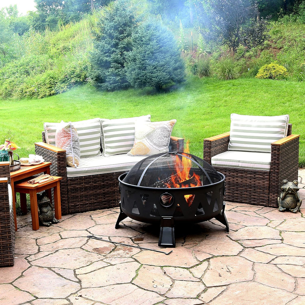 Steel Wood-Burning Fire Pit with Poker and Spark Screen C63927