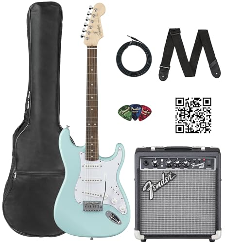 Stratocaster Electric Guitar Bundle with Amplifier, Gig Bag, Strap, Cable, Picks, and DVD F102