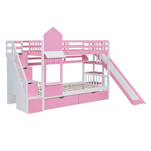 Kids Bunk Bed with Stairs and Slide, Twin Over Twin, Gray O540