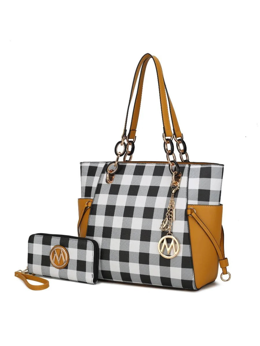 Checkered Tote Handbag with Wallet Z717