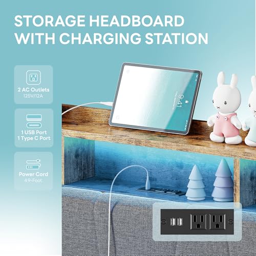 Twin Bed Frame with 2 Storage Drawers, Charging Station and LED Lights, Upholstered Platform Bed with Storage Headboard, No Box Spring Needed M8748
