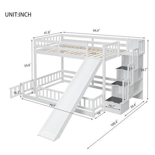 Twin Over Full Size Wooden Bunk Bed with Slide and Storage Stairs N394