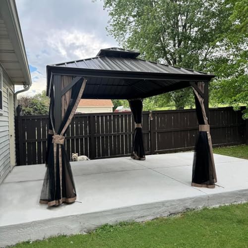 10 x 10 ft Hardtop Gazebo with Netting and Curtains, Galvanized Steel Roof for Patio K80436