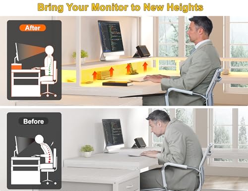Large L Shaped Gaming Desk with Hutch and Drawers, 64" Reversible Computer Desk with Storage Shelves, Monitor Stand and LED Light for Home Office, Power Outlets, White V6783