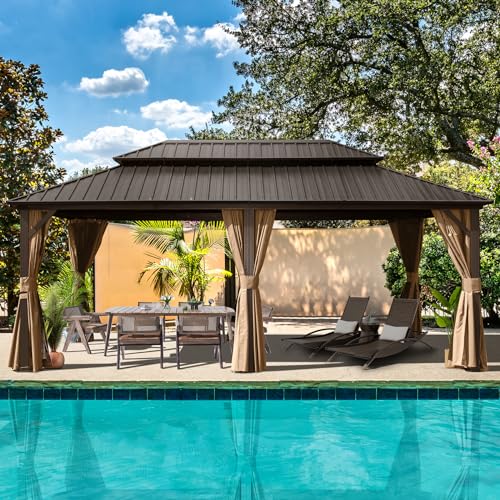 10 x 10 ft Hardtop Gazebo with Netting and Curtains, Galvanized Steel Roof for Patio K80436