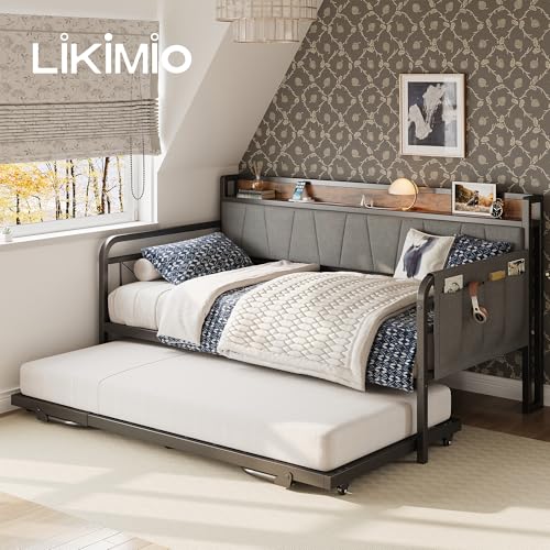 Daybed with Trundle Bed, Twin Bed Frame with Storage Headboard and Charging Station, Grey S3738