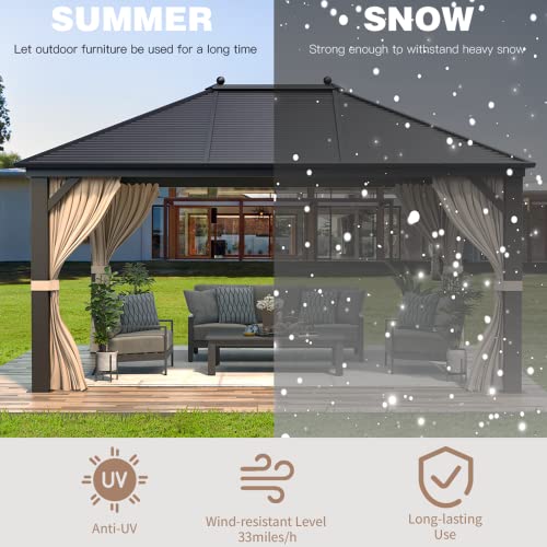 12x20 ft Hardtop Gazebo Double Roof Galvanized Steel Canopy Outdoor Aluminum Frame with Netting and Curtains X191579