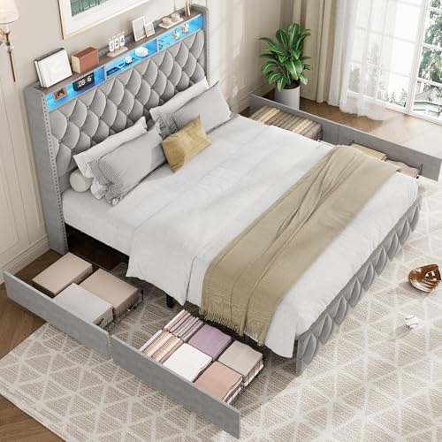 Queen Bed Frame with Tall Headboard, Velvet Upholstered, 4 Storage Drawers Y5950