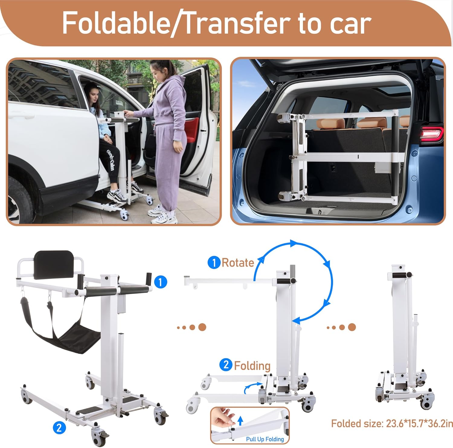 Electric Patient Lift Transfer Chair, Foldable Portable, Bed to Wheelchair, White H74233