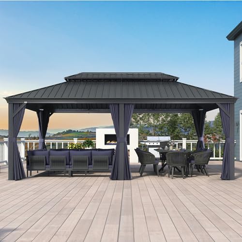 10' x 14' Permanent Hardtop Gazebo with Galvanized Steel Double Roof, Curtains and Netting Included M871