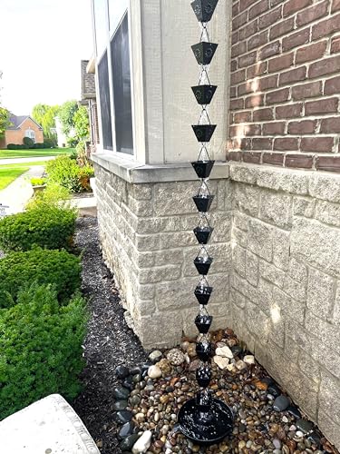 Rain Chain for Gutters, 8.5ft Metal, Black Powder Coated with Sunflower Cups O5797